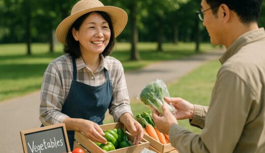農家 フリー素材 | 野外で野菜を販売する農家の50代女性と男性客【ap000091】