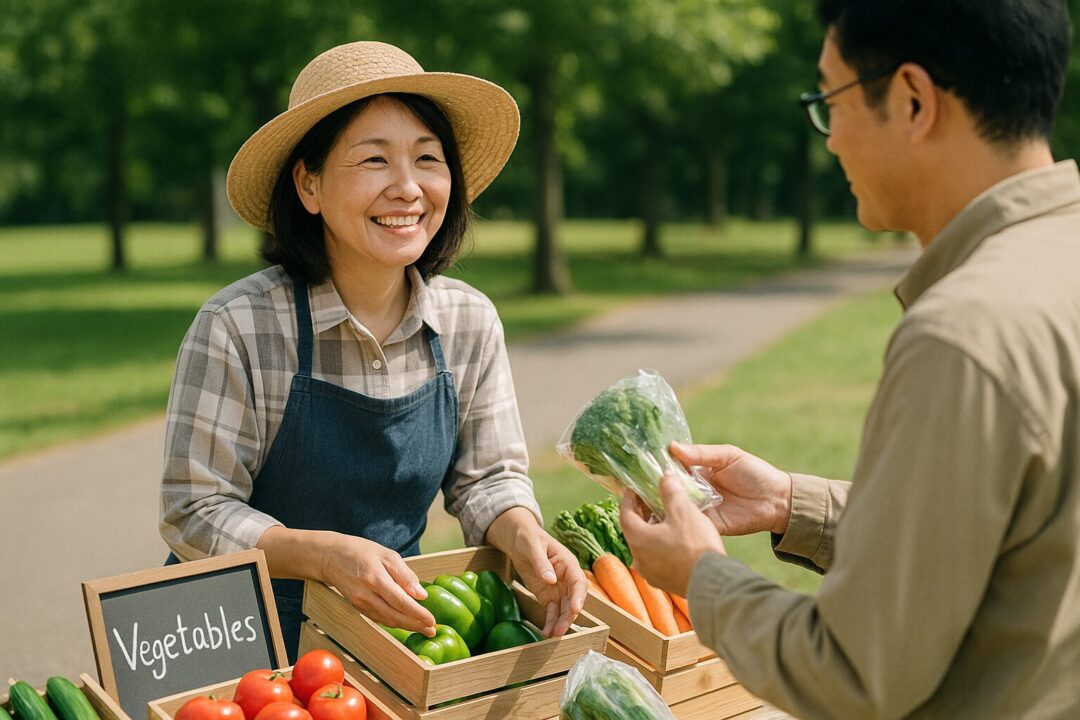 晴れた公園の道沿いに設けられた直売所で、50代の日本人女性農家が新鮮な野菜を手にした男性客と笑顔で会話。野外ならではの自然光と木々の緑が心地よく映える一枚