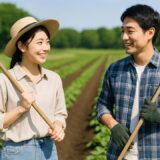 妻はクワ、夫はレーキを持ち、農作業をする20代の夫婦