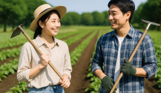 農家 フリー素材 | 農具を持ち畝で農作業をする農家の夫婦【ap000092】
