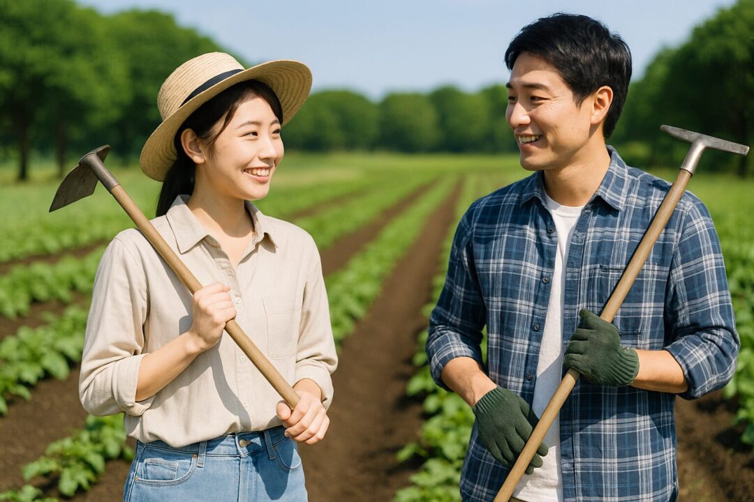 妻はクワ、夫はレーキを持ち、農作業をする20代の夫婦