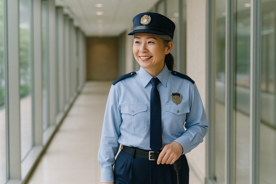 明るい日差しの差し込むガラス張りの廊下を巡回する50代の女性警備員