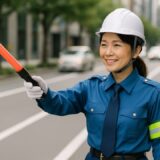 青い制服と白手袋に身を包み、笑顔で丁寧に交通誘導する女性警備員