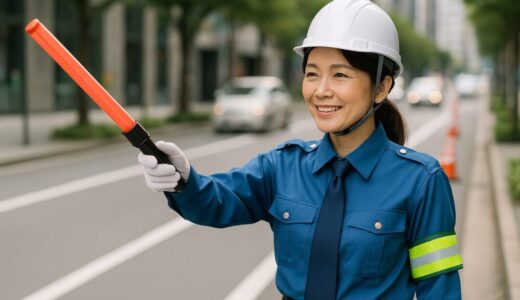道路で交通誘導を行う40代日本人女性警備員【ap000094】