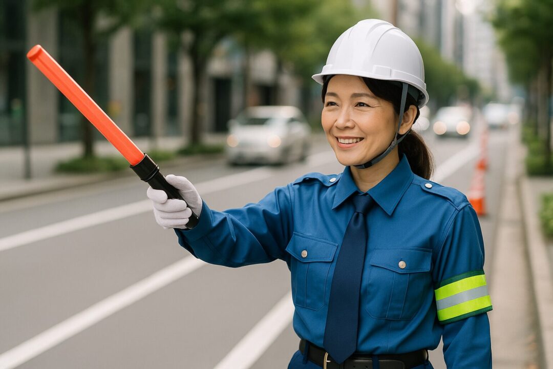 青い制服と白手袋に身を包み、笑顔で丁寧に交通誘導する女性警備員