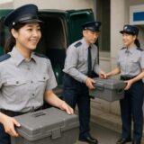 ATM前で現金輸送を行う30代日本人女性警備員と同僚【ap000095】