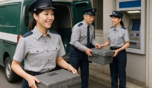ATM前で現金輸送を行う30代日本人女性警備員と同僚【ap000095】