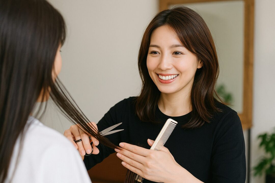 髪型の要望を聞きながら笑顔でのヘアカットシーン