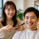 リラックスした雰囲気の中で仕上がりの感じを確認する美容院でのシーン