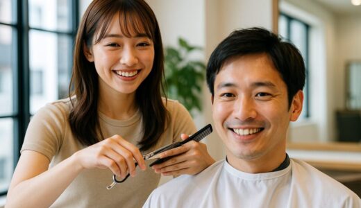 美容師 フリー素材 | 笑顔で男性客をヘアカットする女性美容師【ap000097】