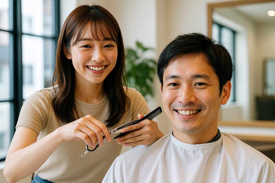 リラックスした雰囲気の中で仕上がりの感じを確認する美容院でのシーン
