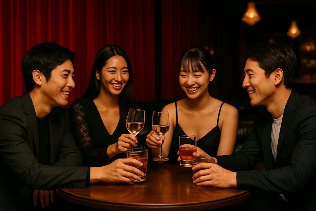 テーブルを囲いお酒を飲みながら会話を楽しむキャバクラでの一時