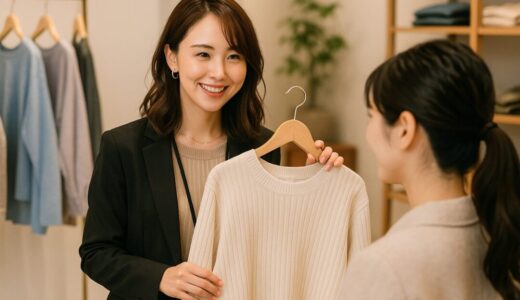 服選びの相談を受け、女性大学生に優しく提案するショップ店員の笑顔