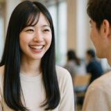 好意を寄せる先輩男性から声をかけられ笑顔が溢れる女性大生