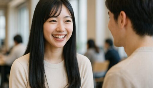 好意を寄せる先輩男性から声をかけられ笑顔が溢れる女性大生