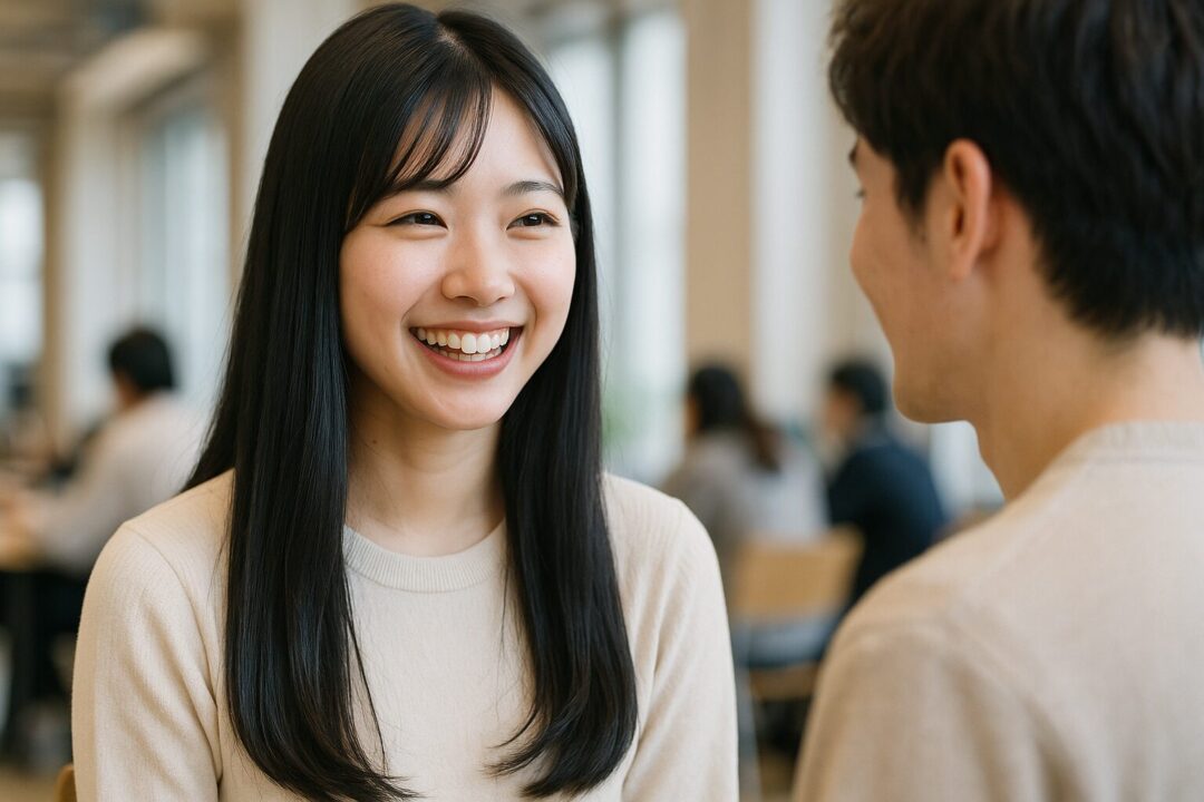 好意を寄せる先輩男性から声をかけられ笑顔が溢れる女性大生